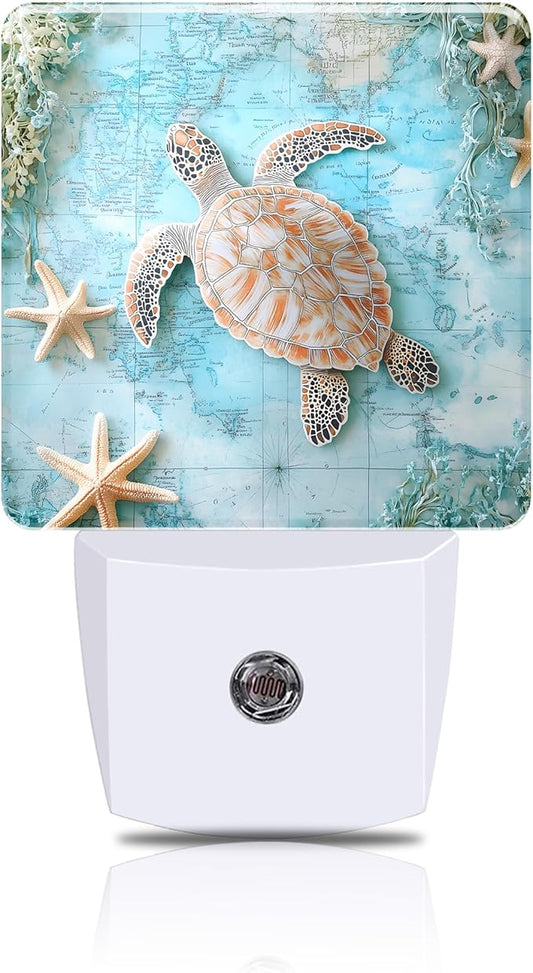 Vintage Ocean Turtle Night Light, World Map Plug-in Nightlight with Dusk to Dawn Auto Sensor for Home Bedroom Hallway Kitchen 0.5W Sleep Friendly Led Lamp for Women Men