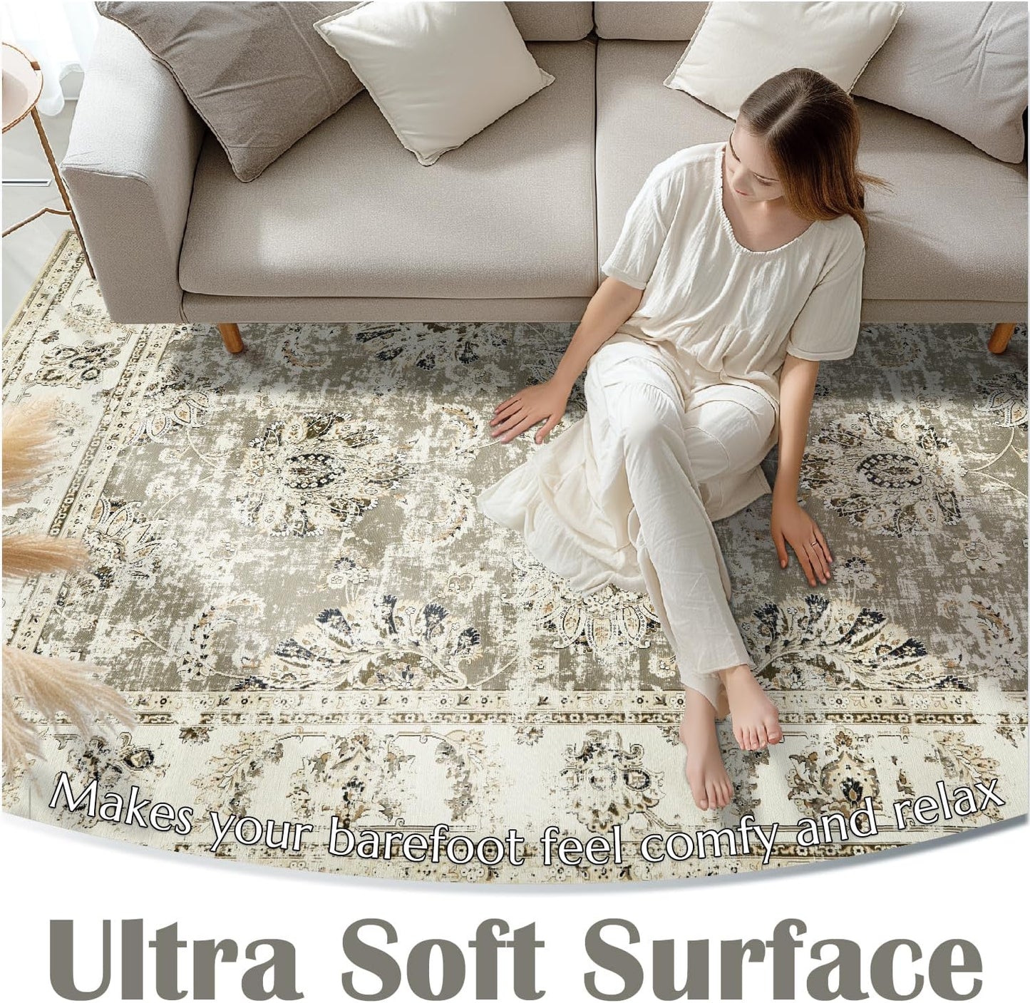 jinchan Runner Rug 2x6 Washable Hallway Runner - Vintage Floral Non Slip Low-Pile Soft Thin Kitchen Rug Distressed Carpet for Farmhouse Bedroom Entryway Laundry Room(2x6ft,Taupe)