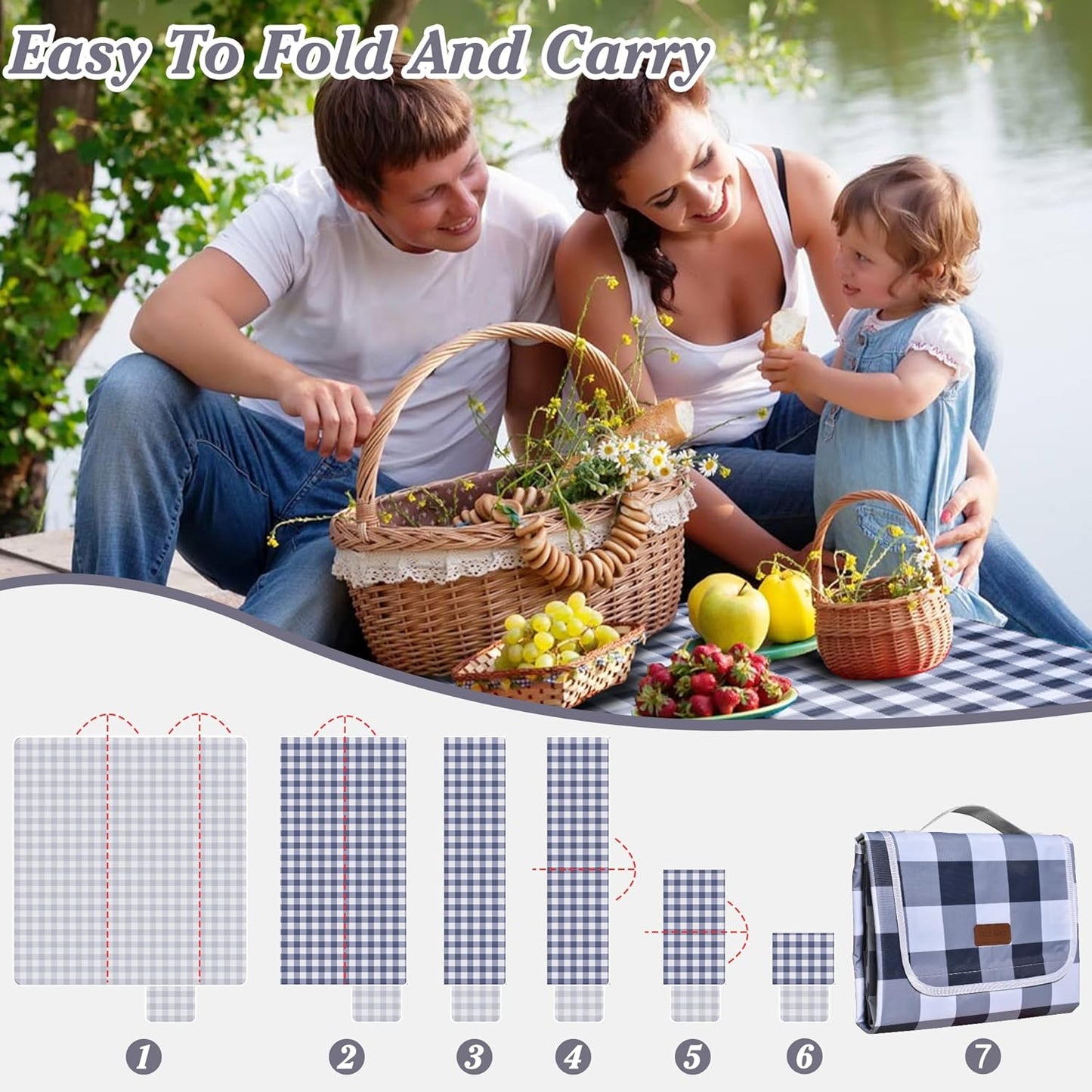 80"x60" Waterproof Sandproof Picnic Mat - Portable Foldable Outdoor Blanket for Beach, Park, Travel & Indoor Use - Lightweight Compact Design, Easy-Carry (Gray&White)