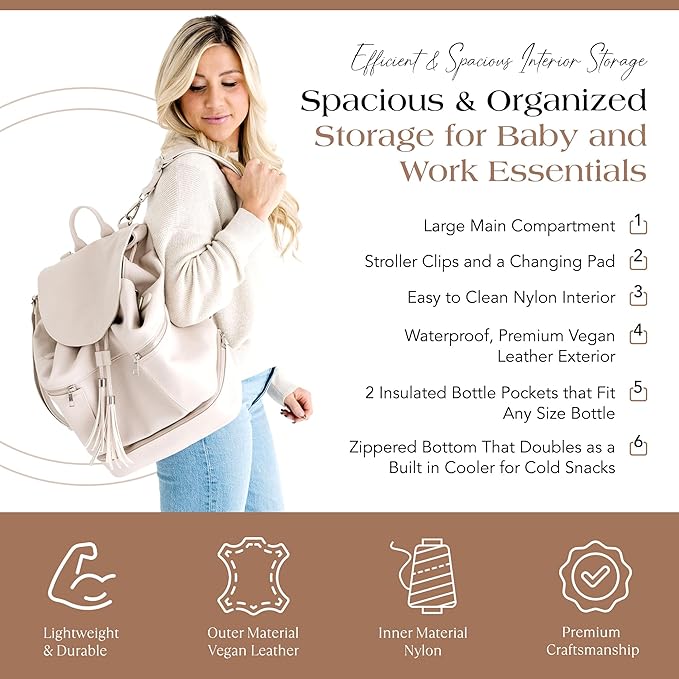 Citi Collective Journey Pearl Vegan Leather Diaper Bag Backpack | Elegant, Multifunctional, Travel Diaper Bag with Changing Pad, Stroller Straps & Insulated Bottle Pockets.