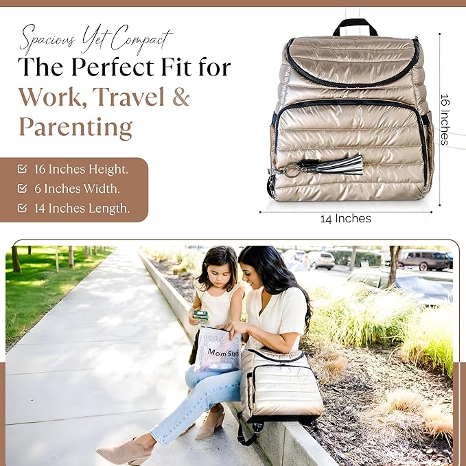Citi Collective Gallery Diaper Bag Backpack - Casual Day-to-Day Backpack Fits 15" Laptop - Travel Bag with Multiple Compartments, Pockets, Portable Changing Pad, and Shoulder Strap-Gold