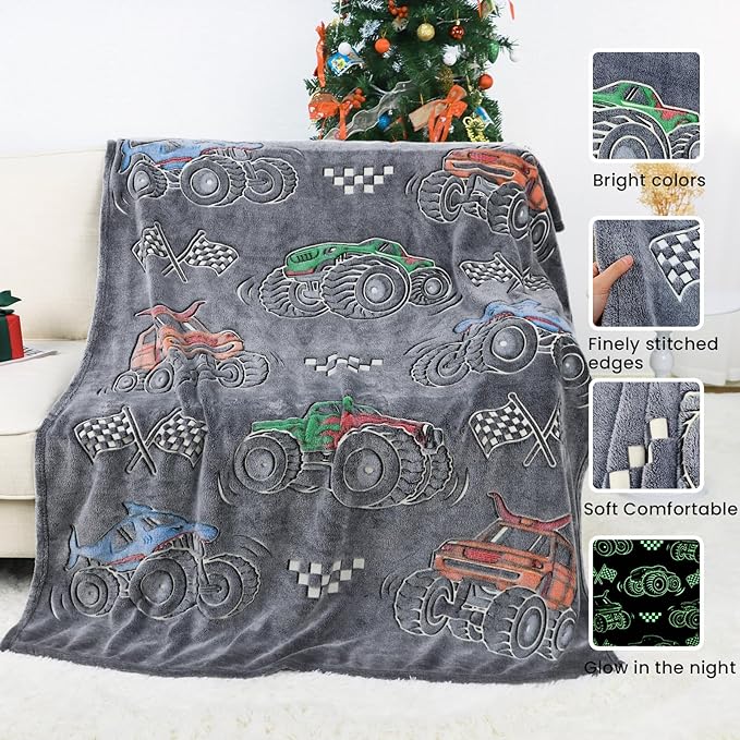 Truck Gifts for Kids Boys - Glow in The Dark Blanket for Sofa Couch Bed Birthday Christmas Easter