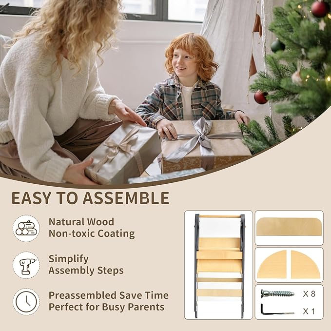 Foldable Toddler Tower Preassembled Kitchen Stool Helper, Folding Tower for Learning with 3 Adjustable Heights Montessori Toddler Standing Tower Kids Collapsible Wooden Step Stool, Light Gray