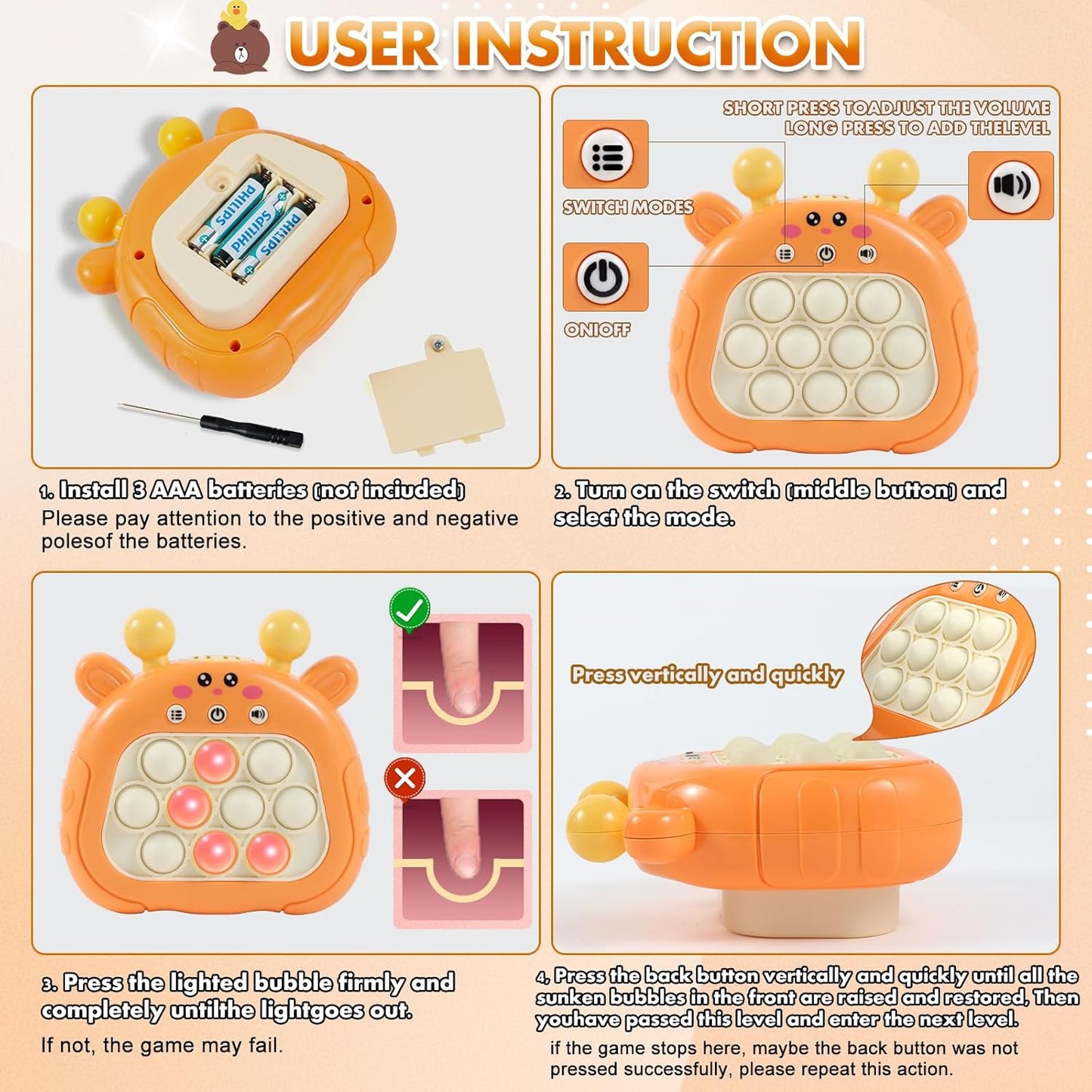 Pop Fidget Toys Handheld Game for Teens, Push Bubble Light up Puzzle Game Machine & Best Gifts for Kids, Quick Push Games Educational Sensory Toys, Stress Relief Party Favors Toy Age 3-12(Deer-P)