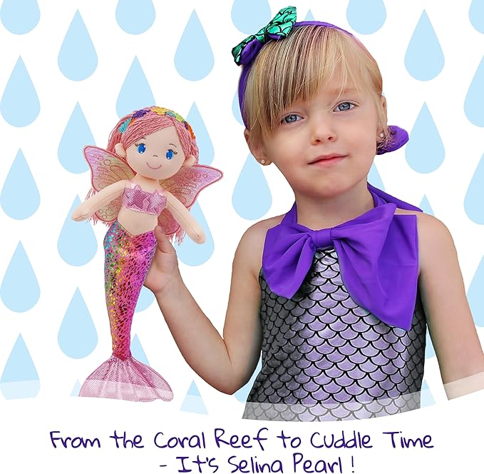 June Garden 16" Selina Pearl Mermaid Fairy Doll – Soft Plush Doll with Shimmery Wings & Sparkly Tail – Huggable Stuffed Toy Gift for Girls Age 18 Months and Up