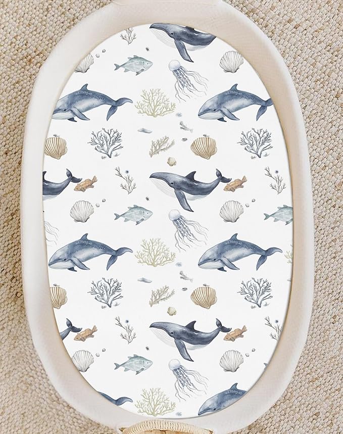 Bassinet Sheets for Baby Girls Boys 2 Pack, Fitted Baby Mattress Sheet for Rectangle, Oval, Hourglass Bassinet Mattress, Breathable Cozy & Universal Fit (Aquatic Adventures)