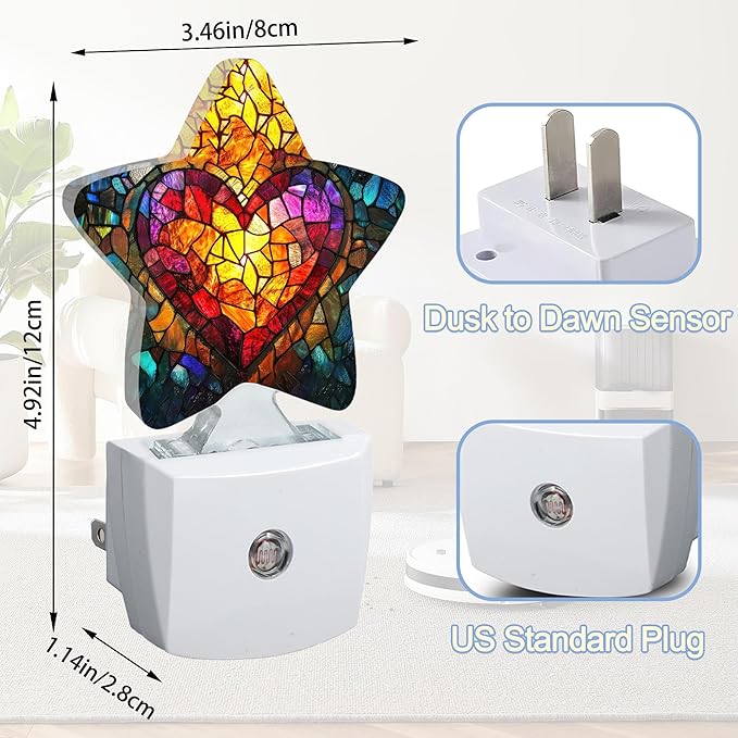 Love Heart Stained Glass Night Lights Plug Into Wall,Abstract Star Night Light for Kids,Nightlight with Dusk to Dawn Smart Sensor for Bedroom Bathroom Decor,Children Women Men Gift