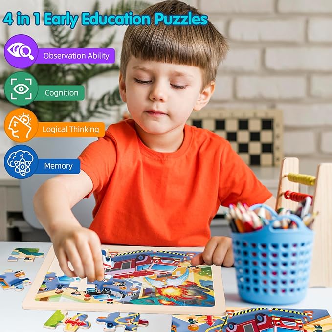 Jigsaw Puzzles Wooden Puzzles for Kids Ages 3-5 Preschool Educational Toddlers Toys Construction Vehicle Puzzle Fire Truck Urban Transportation Sanitation Truck Gifts for 3 4 5 6 Year Old Boys Girls
