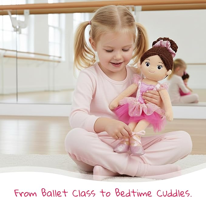 June Garden 14" Snuggle Cutie Ballerina Doll Maya – Soft Plush Doll with Ballet Outfit, Purple Pajama Set & Accessories – Dress Up Pretend Play Toy for Girls