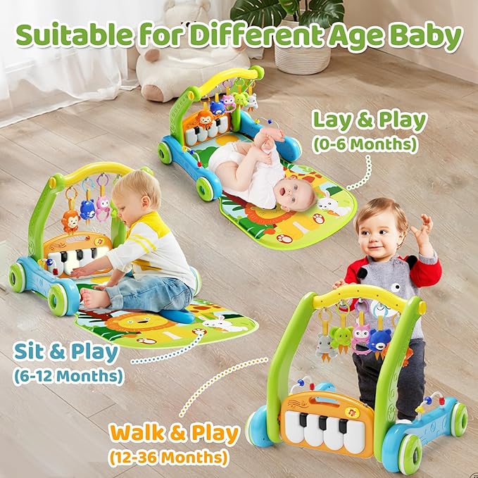 Baby Gym Play Mat with Walker, 2 IN 1 Kick and Play Piano Activity Center with Light & Music, Tummy Time Mat & Baby Push Toys for 0-6 12-18 Months, Sit-to-Stand Learning Walker for Infant Toddler Gift