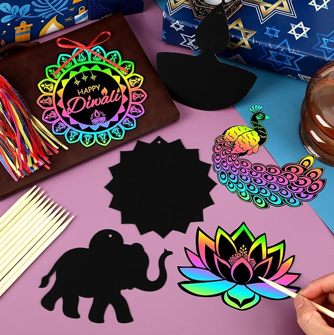 JULMELON 36 PCS Diwali Crafts, Rainbow Scratch Art DIY Scratch Paper Cards Magic Color Diwali Gifts Arts and Craft Kits Bulk Happy Diwali Party Favors School Activities Games