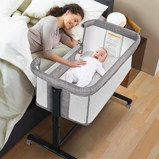 Baby Bassinet Bedside Sleeper, 2 in 1 Folding Portable Newborn Bedside Sleeper, All-Sided Mesh Infant Travel Crib for Toddlers, 6 Adjustable Height, with 4 Wheels, Grey