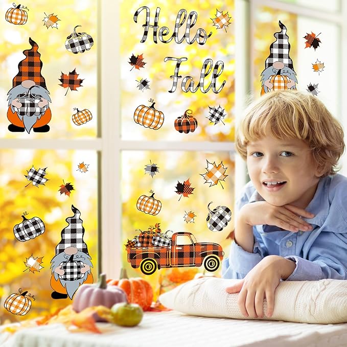 Whaline 9 Sheet Fall Halloween Window Clings Plaid Gnome Pumpkin Truck Maple Leaf Reusable Window Decals for Autumn Thanksgiving Harvest Party Home School Decor
