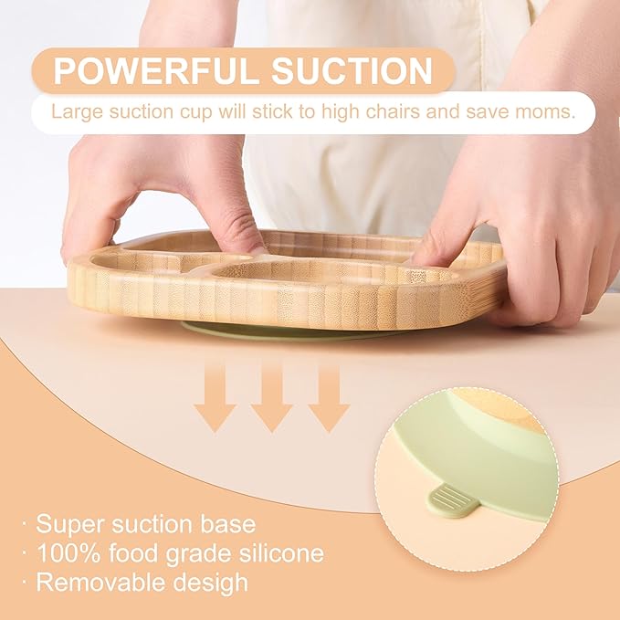 Suction Plates Bowls Set for Baby Toddler Non-Toxic Bamboo Feeding Set with Silicone Fork & Spoon (Green Feeding Set)