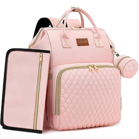 Pink Diaper Bag Backpack for Baby Girls - Baby Shower Gifts for Mom, Quilted Diaper Bag with Changing Pad, Pacifier Case, Insulated Pockets, Stroller Straps, 35L Large Capacity - Cute