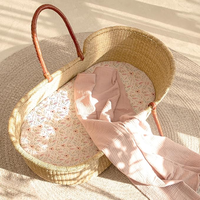 lulumoon Baby Muslin Bassinet Sheets: Skin-Friendly Floral Bassinet Sheets for Girls - Fitted for Oval Rectangle or Hourglass Mattress