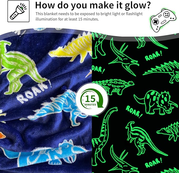 TEHALK Dinosaur Glow in The Dark Blanket for Boys/Girls/Toddler/Baby, Dinosaur Toys for Boy Age 3-12, Cute Funny Kids Throw Blanket for Birthday/Gifts 40"x 60"