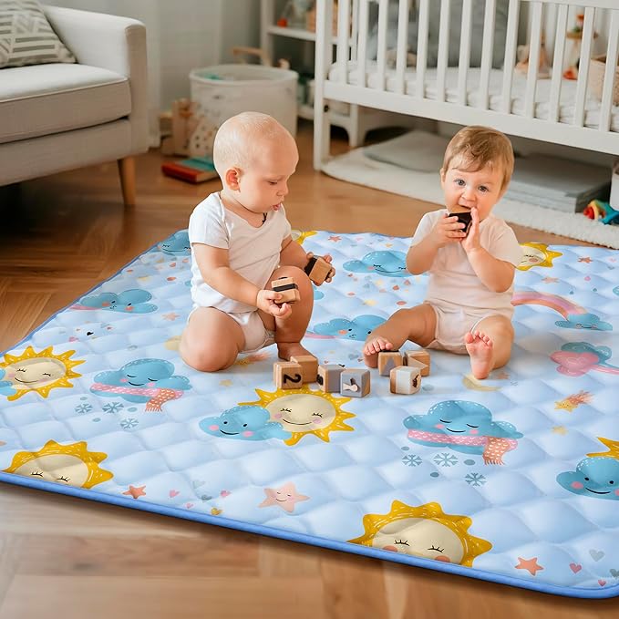 50x50 Playpen Mat, PIGLOG 0.8 Inch Thick Foam Baby Play Mat for Floor, Soft Fabric Cushioned Play mat for Babies，Washable Non-Slip Playmate for Baby, Infants & Toddlers（Blue）