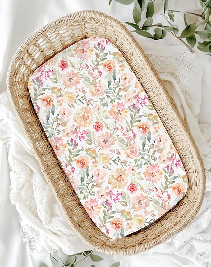 Bassinet Sheets for Baby Girls Boys 2 Pack, Fitted Baby Mattress Sheet for Rectangle, Oval, Hourglass Bassinet Mattress, Breathable Cozy & Universal Fit (Rosy Days)