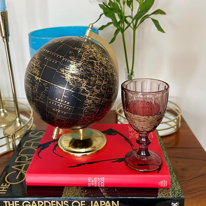 Explorers Globe, Incised Details, Black With Gold Accents, Mapped with Locations, Longitude and Latitude, Resin, Crescent Stand Mounted, Circular Gallery Base, 12.25 Inches Tall