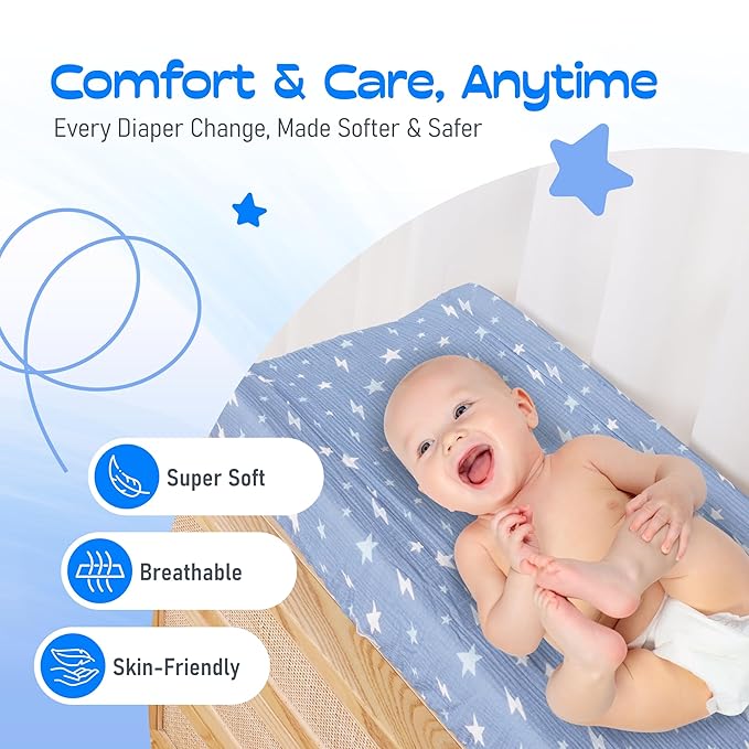 100% Muslin Changing Pad Cover Ultra Soft, Breathable, Secure Fit, Fade-Resistant Prints for Boys and Girls (Pack 2)