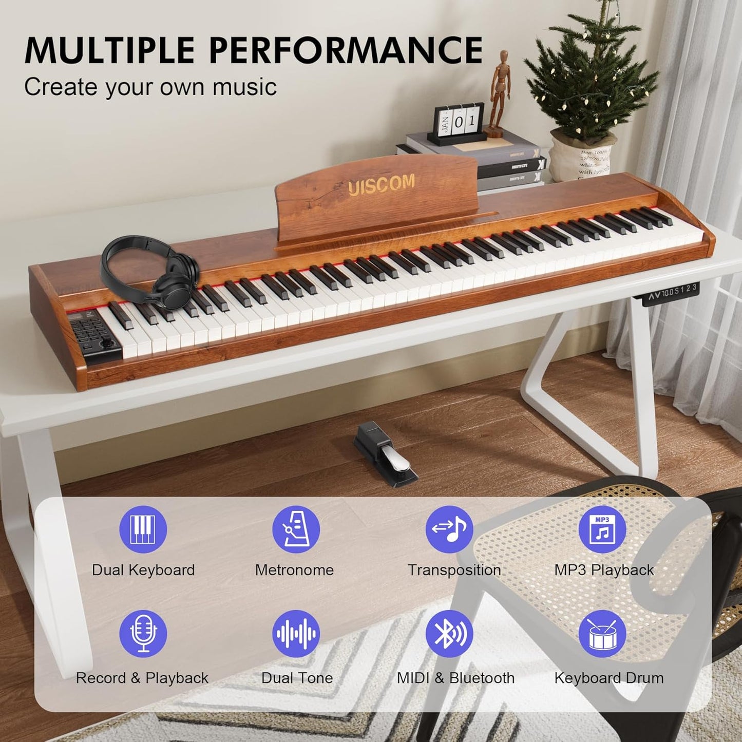 88 Key Digital Piano Keyboard for Beginners,Full Size Electric Piano Semi-Weighted Keyboard with Sheet Music Stand,Pedal,Headphone,Power Adapter,USB-MIDI Compatibility,Wood Grain Brown