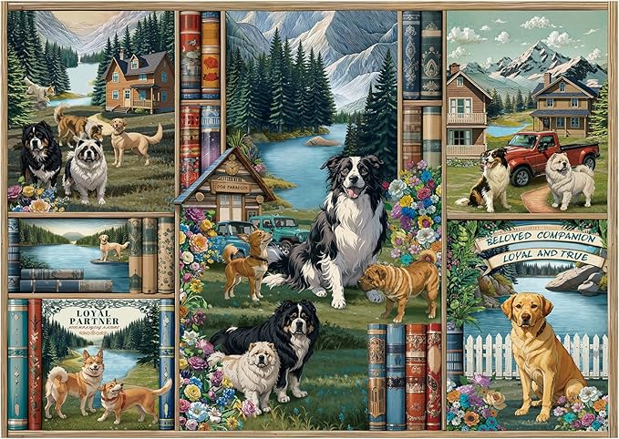Jigsaw Puzzles for Adults 1000 Pieces, Rocorose Dogs Bookshelf Nature Landscape Puzzle Difficult Animal Jigsaw Puzzles for Family Challenging for Game Night Puzzle Book Home Decoration