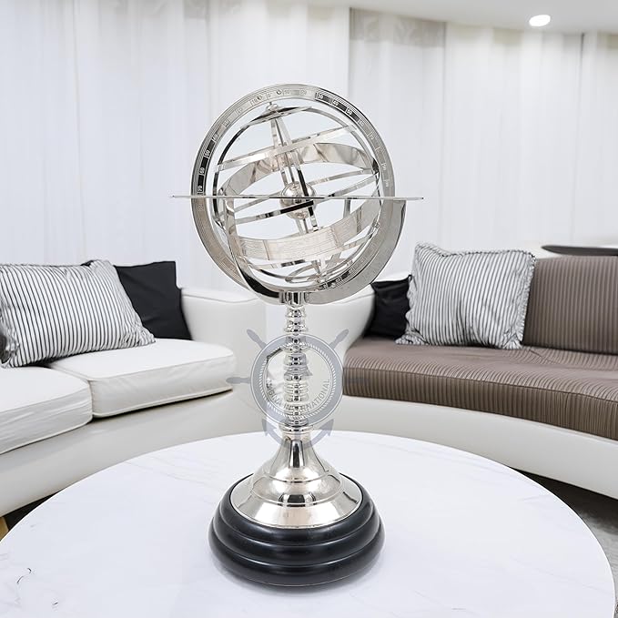 Nagina International Antique Vintage Zodiac Armillary Brass Sphere Globe Wooden Display | Pirate's Antique Ship Decor (XL, Nickel Plated)