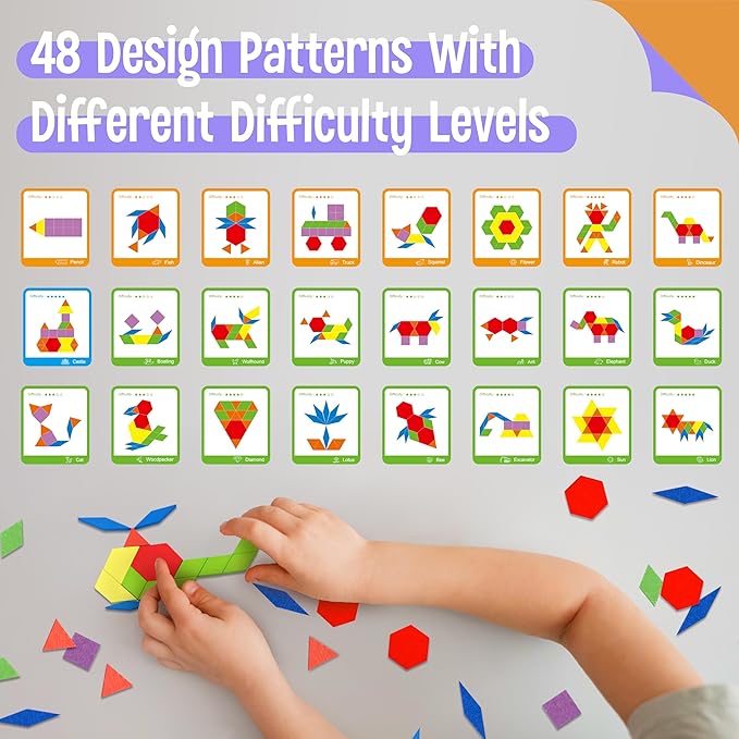 155 PCS Wooden Pattern Blocks Set, 24 Double-Sided Design Cards(48 Patterns) Geometric Shape Puzzle Fun Tangram Montessori Learning Toys for Kids Ages 4-8 (A Storage Bag & A Gift Box)