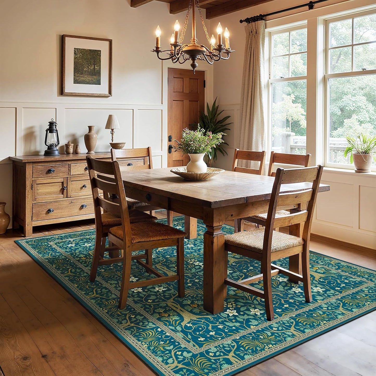 Joydeco Washable Area Rugs 5x7, Boho Floral Dining Room Rug Non Slip, Soft Low-Pile Botanical Forest Indoor Floor Throw Carpet for Living Home Office Playroom Foyer, Dark Blue