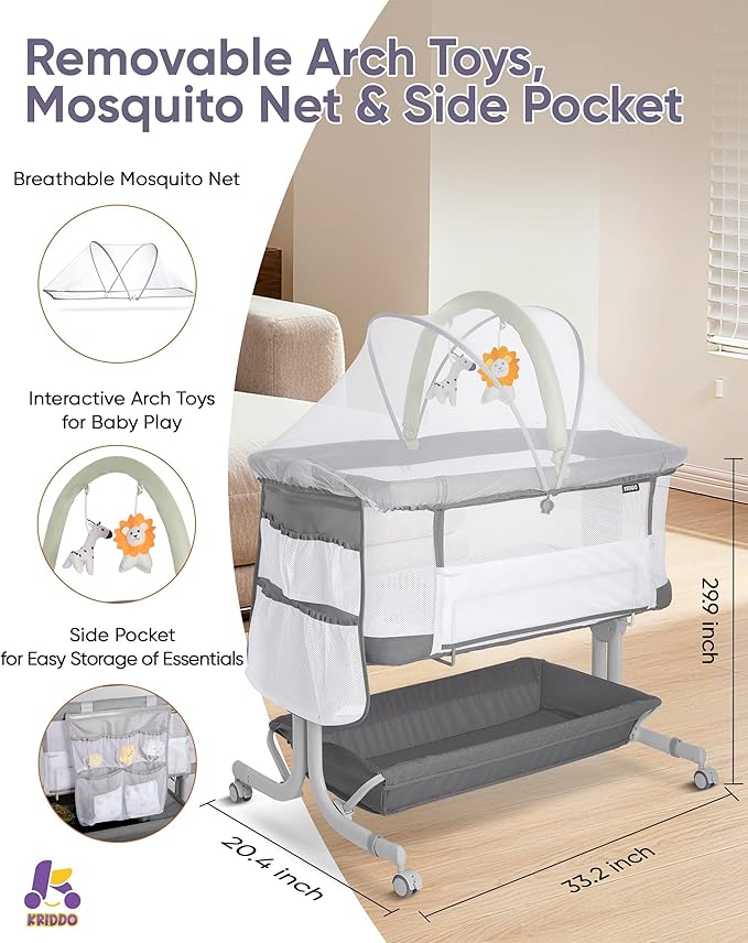KRIDDO 2-in-1 Baby Bassinet for Infant, Bedside Bassinet with All-around Breathable Mesh, Lockable Wheels, Adjustable Height and Incline, Bedside Sleeper for Baby with Large Storage Basket, Light Grey