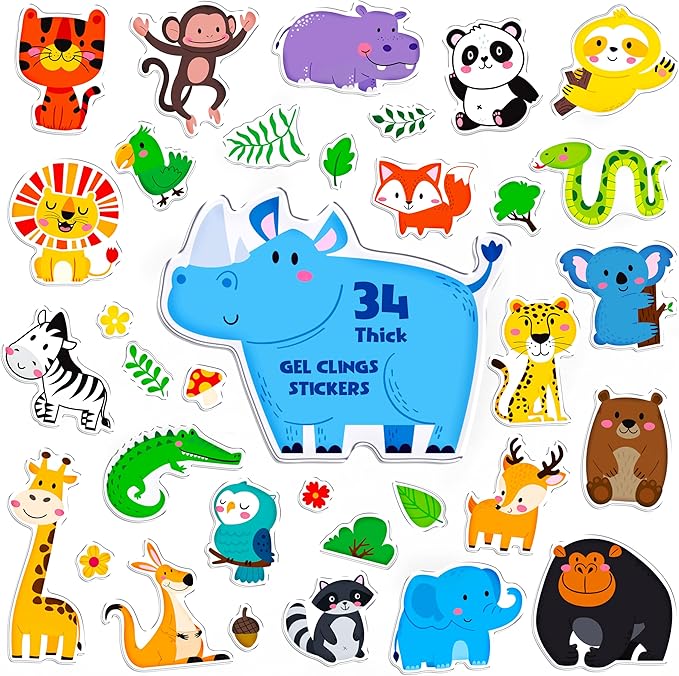 34PCS Wild Animal Jelly Stickers, Thick Window Door Clings Removable Reusable Gel Clings Decals for Kids Toddlers Adults Home Classroom Nursery Animal Theme Party Supplies Decorations (Not Edible)