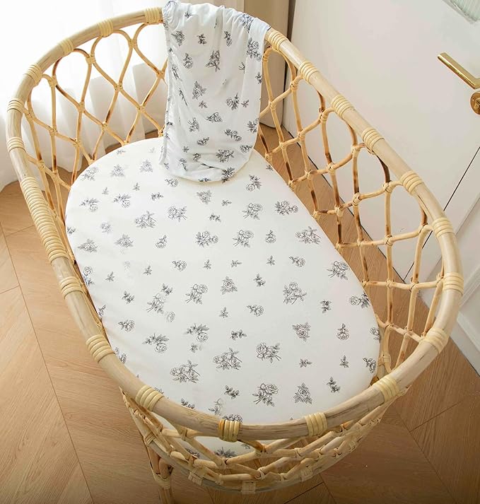 SDY Floral Bassinet Sheets 2pk Microfiber Jersey Bassinet Fitted Sheets for Boys Girls,for Rectangle, Round, Oval, Hourglass Mattress 32 "x 16"x 4"