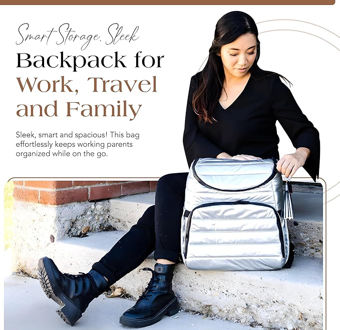 Citi Collective Gallery Diaper Bag Backpack - Casual Day-to-Day Backpack Fits 15" Laptop - Travel Bag with Multiple Compartments, Pockets, Portable Changing Pad, and Shoulder Strap-Silver
