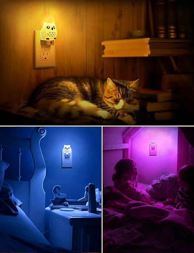 DORESshop Owl Night Lights Plug Into Wall [2 Pack], Cute Night Light for Kids, 8-Color LED Night Light, Nightlight with Dusk to Dawn Sensor for Kids Room, Bathroom, Bedroom Décor, Children Gift