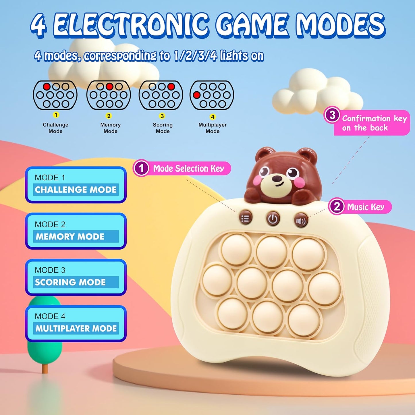 Pop-Fast-Push-Bubble-Game for Kids,Quick Push Console Game for Ages 3-12 for Boys and Girls,Handheld Puzzle Game Sensory Toys - Bear