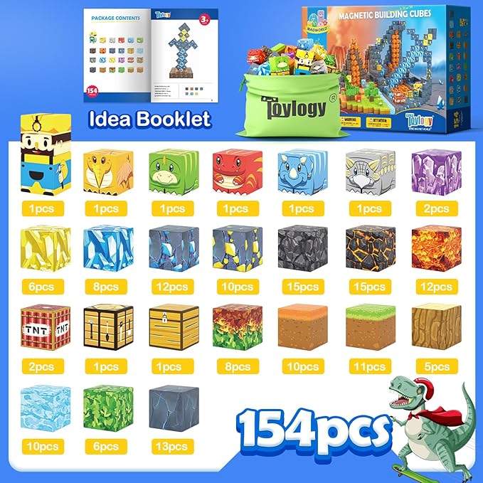 154PCS Large Magnetic Blocks-Build Mine Magnet World Dinosaur & Mine Edition, Building Outdoor Sensory Toys for Kids 3-5, STEM Jurassic Kid Games for Toddler Gifts for Boys and Girls Ages 3 4 5 6 7 8