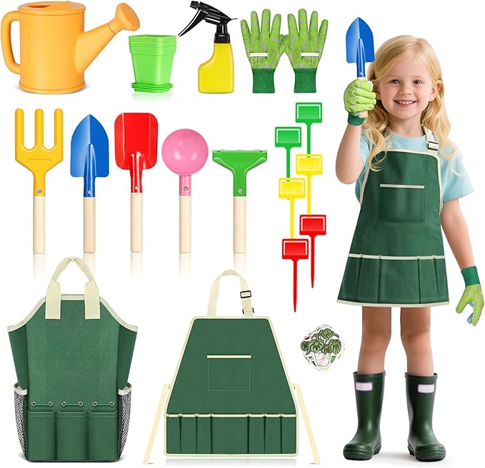Kids Gardening Tool Set, 20PCS Gardening Toys Includes Metal Rake,Fork,Trowel,Apron,Gloves,Watering Can,Tote Bag, Garden Tool Kit for Kids, Outdoor Toys Gift for Boys Girls