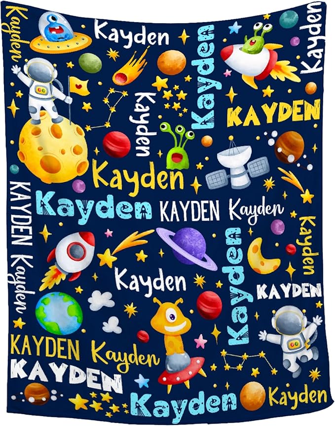 Personalized Baby Blanket for Girls Boys Kids Planet Astronaut Custom Baby Blanket with Name Throw Birthday Gift for Toddlers Infants Shower Newborns Nursery Stroller Crib Bed Decor