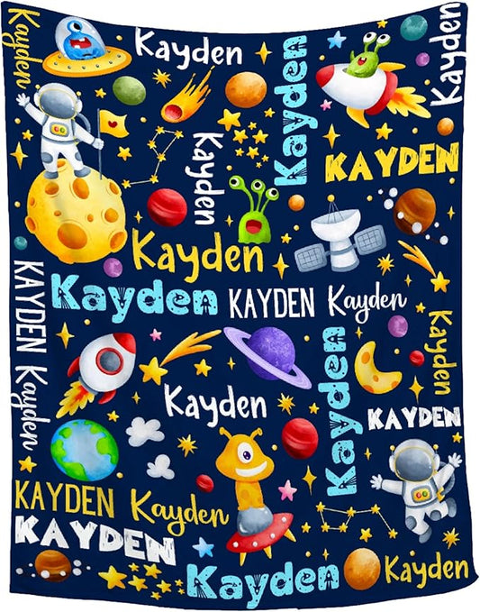 Personalized Baby Blanket for Girls Boys Kids Planet Astronaut Custom Baby Blanket with Name Throw Birthday Gift for Toddlers Infants Shower Newborns Nursery Stroller Crib Bed Decor