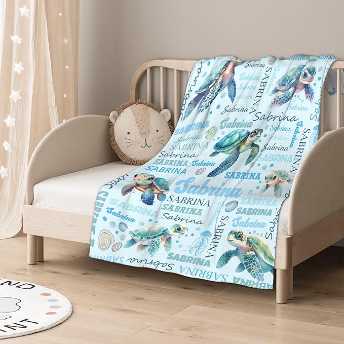 Personalized Baby Blanket for Girls Boys Kids Sea Turtle Custom Baby Blanket with Name Throw Birthday Gift for Toddlers Infants Shower Newborns Nursery Stroller Crib Bed Decor