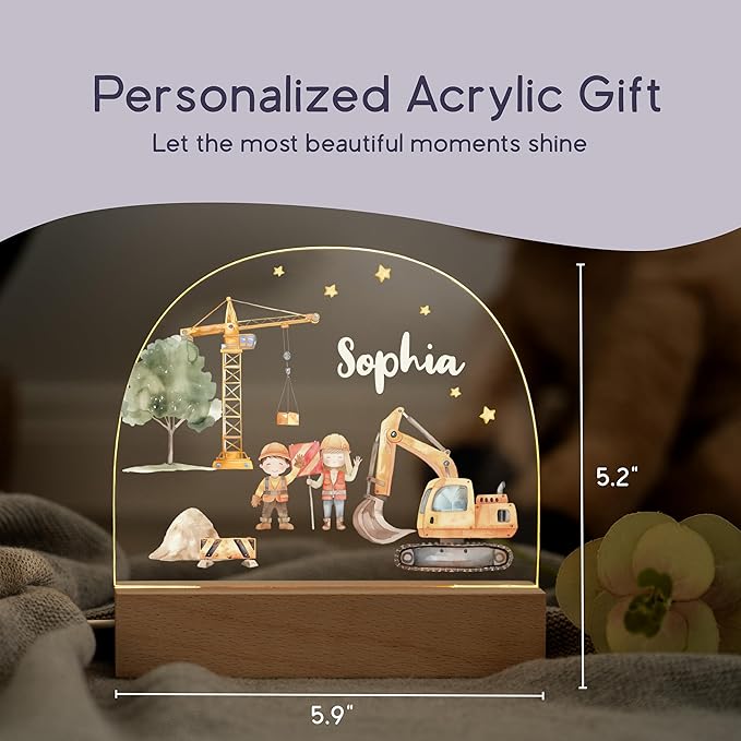 Personalized Baby Gifts for Boys/Newborn Night Light/Personalized Gift/Customized Name Light for Nursery Decor/Warm White Glow - Excavator