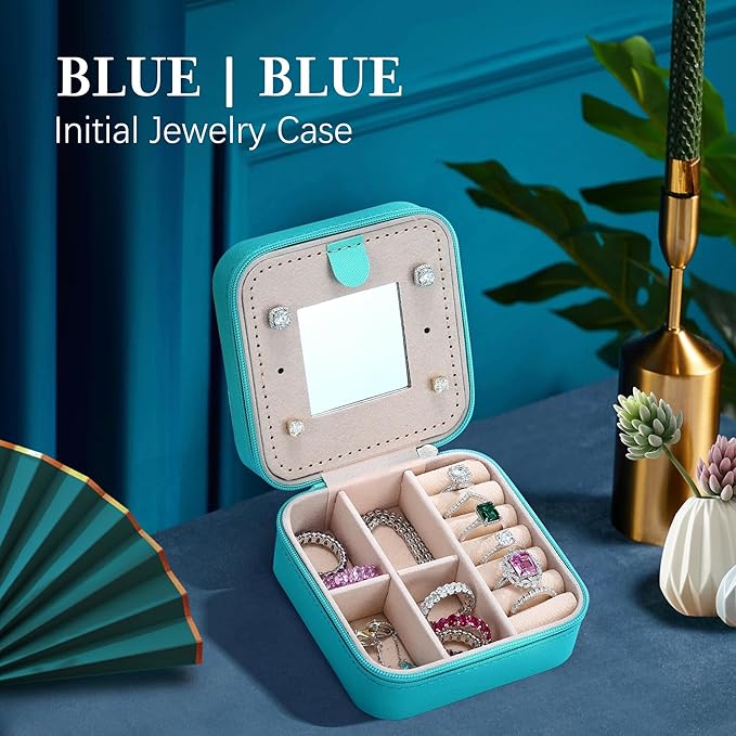 Parima Travel Essentials for Women Jewelry Box, Travel Accessories for Teen Girls Trendy Stuff | Necklace Organizer Earrings Organizer Ring Organizer - Letter M, Aqua Blue