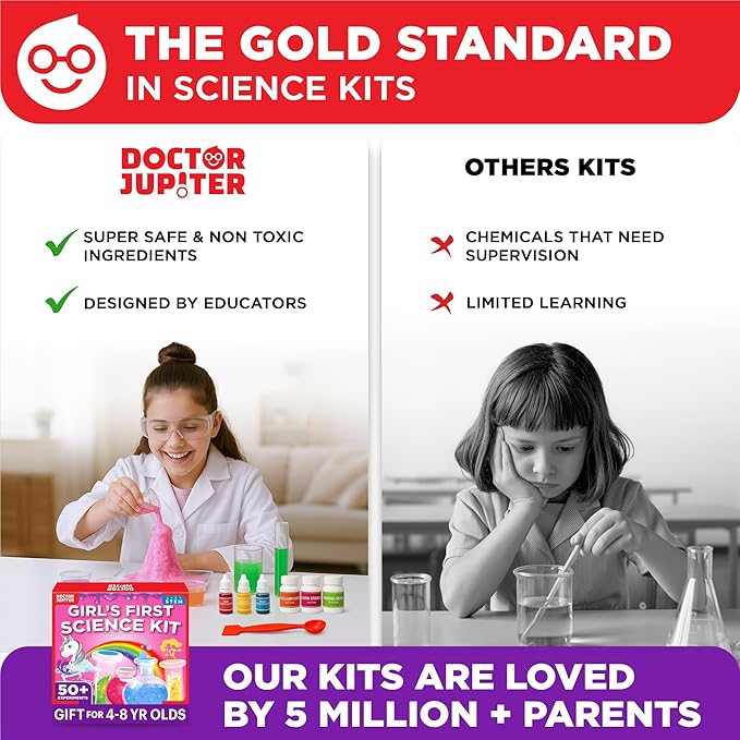 Doctor Jupiter Girls’ First Science Kit, Chemistry Set for Kids Ages 4-5-6-7-8 | Birthday Gift Ideas for 4+ Year Old Girls | STEM Toy Kit with 50+ Experiments | Learning & Educational Projects