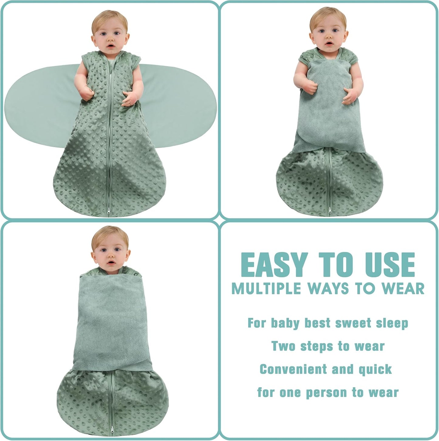 Fleece Newborn Sleep Sack Baby Swaddle,3-Way Adjustable Wearable Blanket,2 Pack Fleece Swaddling Sleeping Bag TOG 2.0， (Blue&Green, 6-12 Months)