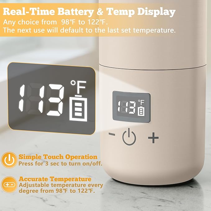 Portable Bottle Warmer for Travel, Baby Bottle Warmer with Adjustable Temp & Keep Warm for Formula, Breastmilk, Super Fast Charging & Rechargeable Milk Warmer, Cordless Water Warmer