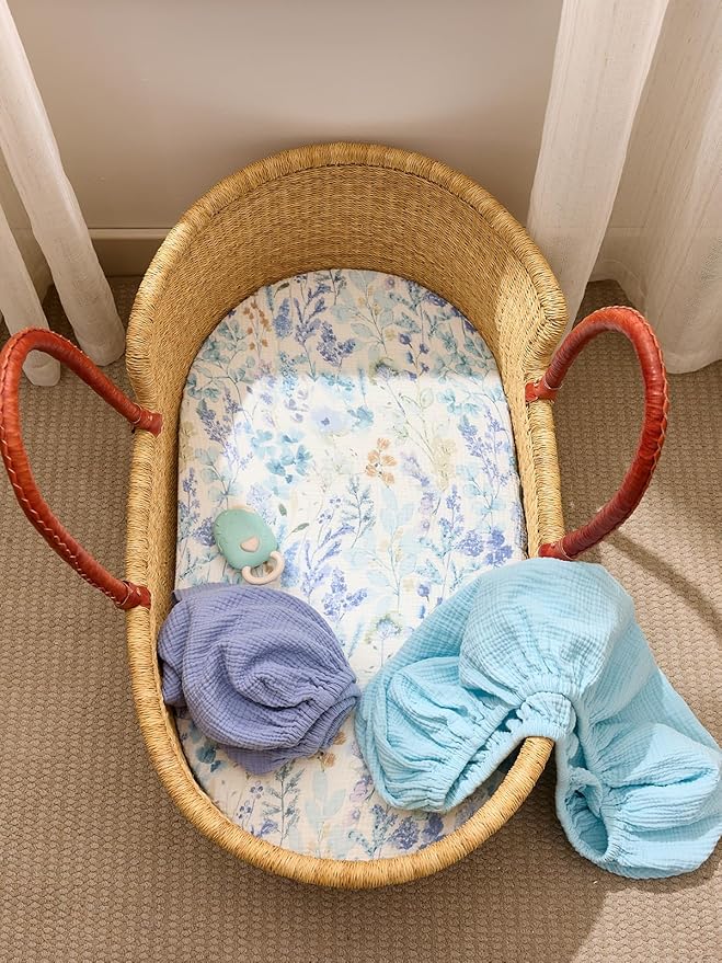 TILLYOU Muslin Bassinet Sheets for Baby Boys Girls 3 Pack, Soft Breathable Elastic Cotton Bassinet Mattress Sheets, Fit Hourglass Oval Rectangle Cradle Mattress, 33"X17",Blue Flower