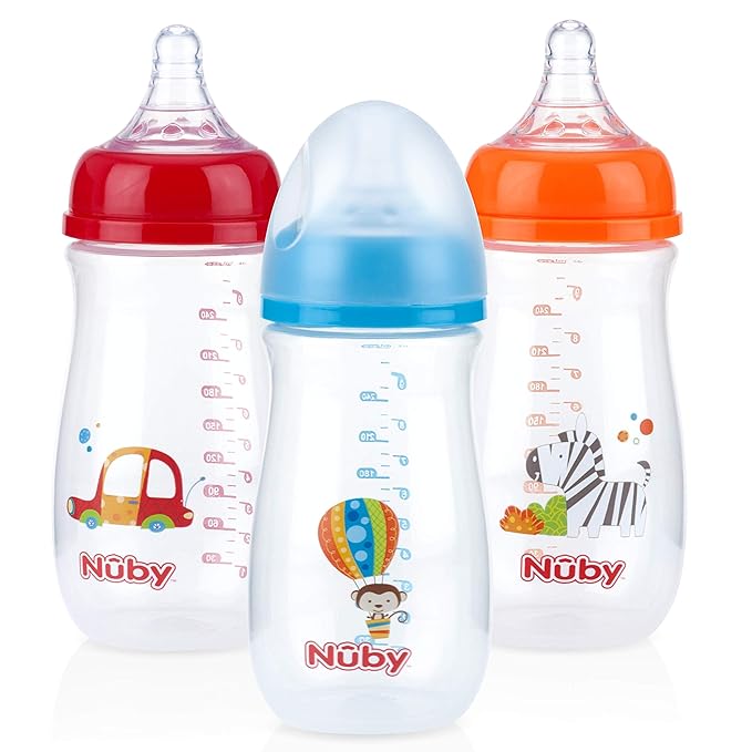 Nuby Tritan Wide Neck Non-Drip Bottles with Anti-Colic Air System: 9oz./ 270 Ml, 3 Pack, 3M+, Multi