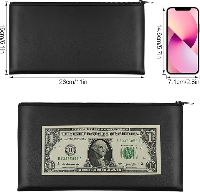 Joyberg 4Pack Money Bag 11 X 6", Safe Durable Waterproof PU Leather Bank Bag with Zipper for Cash, Coin, Checks, Makeup Bills Receipts Tool Storage (Black)