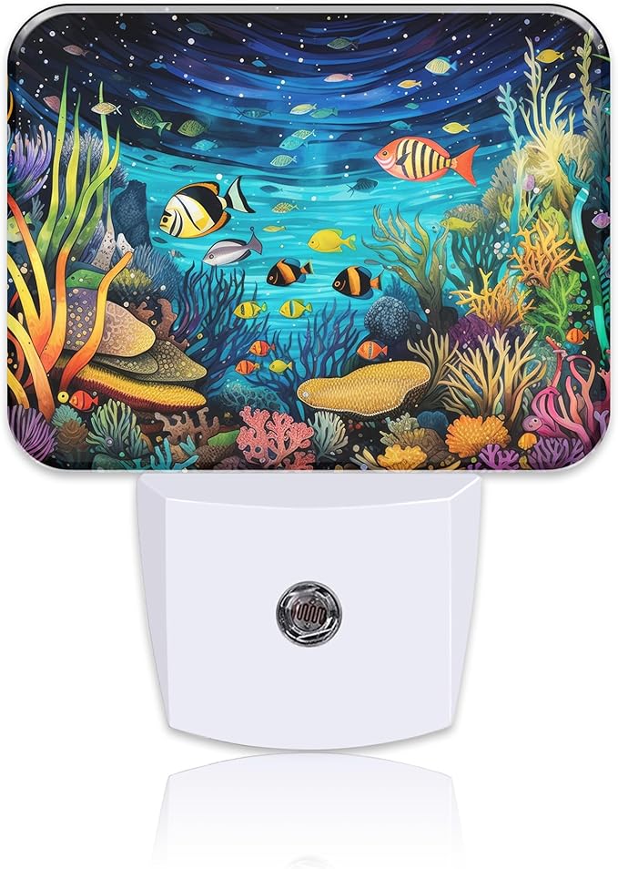 Colorful Underwater World Night Light for Kids, Fish and Coral LED Night Light Plug into Wall with Dusk to Dawn Sensor for Girls Boys Women Men Bedroom,Hallway,Kitchen,Bathroom,Stairs Decor